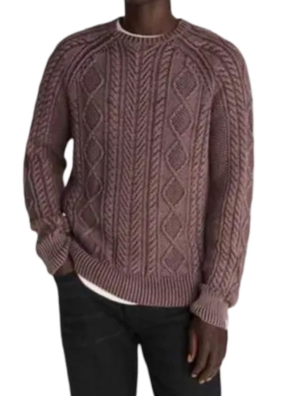 rag & bone Mens Dexter Aran Cable Knit Crewneck Sweater Mauve Medium Luxe Preppy